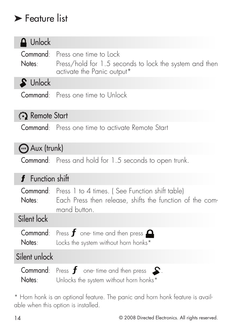 Feature list, Unlock, Remote start | Aux (trunk), Function shift, Silent lock, Silent unlock, Command, Press one time to unlock, Press one time to activate remote start | Viper 5101 User Manual | Page 14 / 40