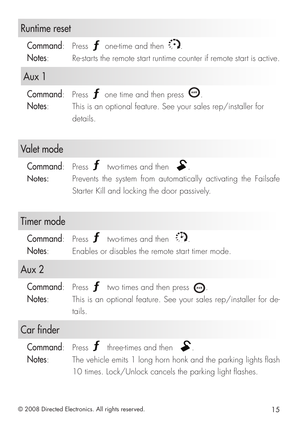 Runtime reset, Aux 1, Valet mode | Timer mode, Aux 2, Car finder, Command, Press, One-time and then, One time and then press | Viper 5101 User Manual | Page 15 / 40