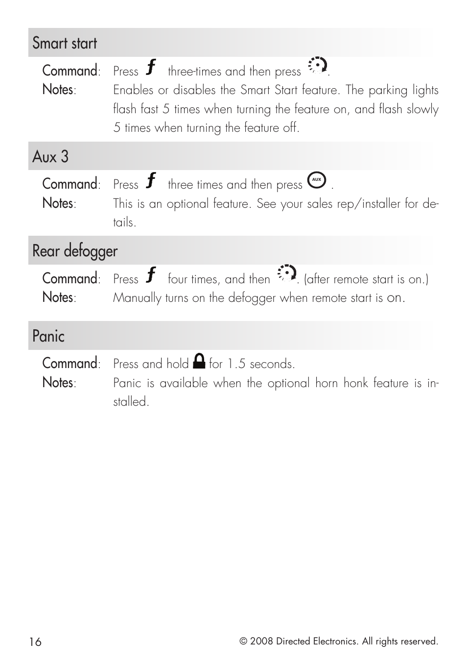 Smart start, Aux 3, Rear defogger | Panic, Command | Viper 5101 User Manual | Page 16 / 40