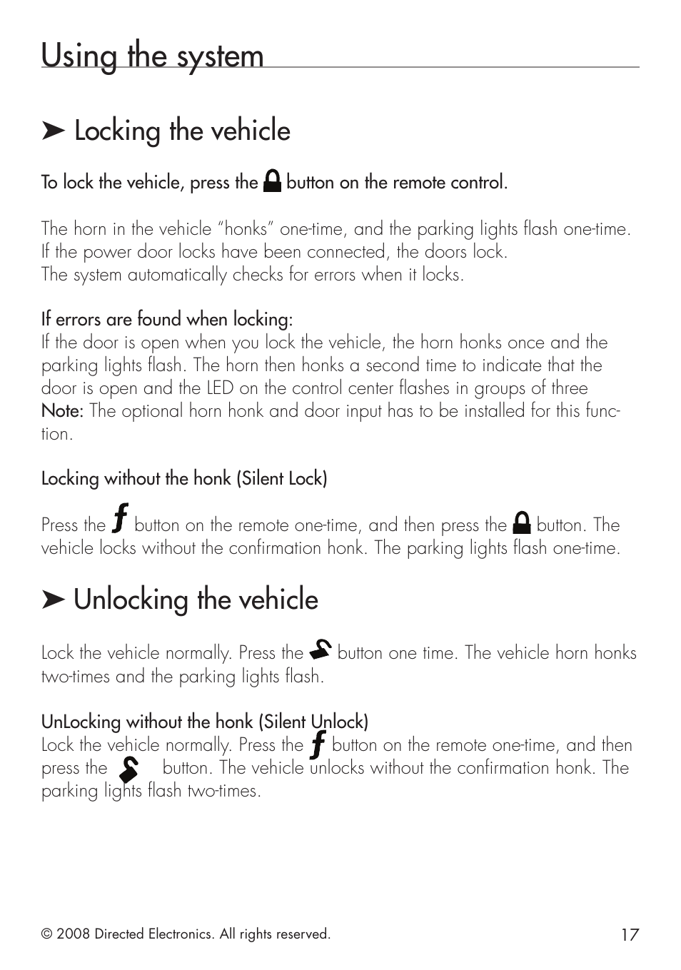 Using the system, Locking the vehicle, Unlocking the vehicle | Viper 5101 User Manual | Page 17 / 40