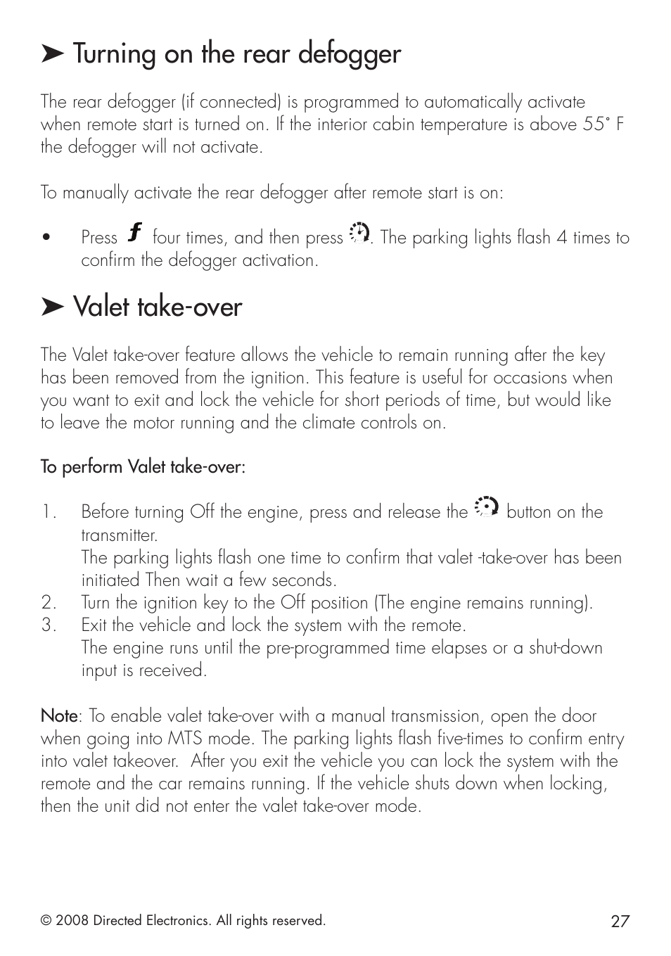 Turning on the rear defogger, Valet take-over | Viper 5101 User Manual | Page 27 / 40