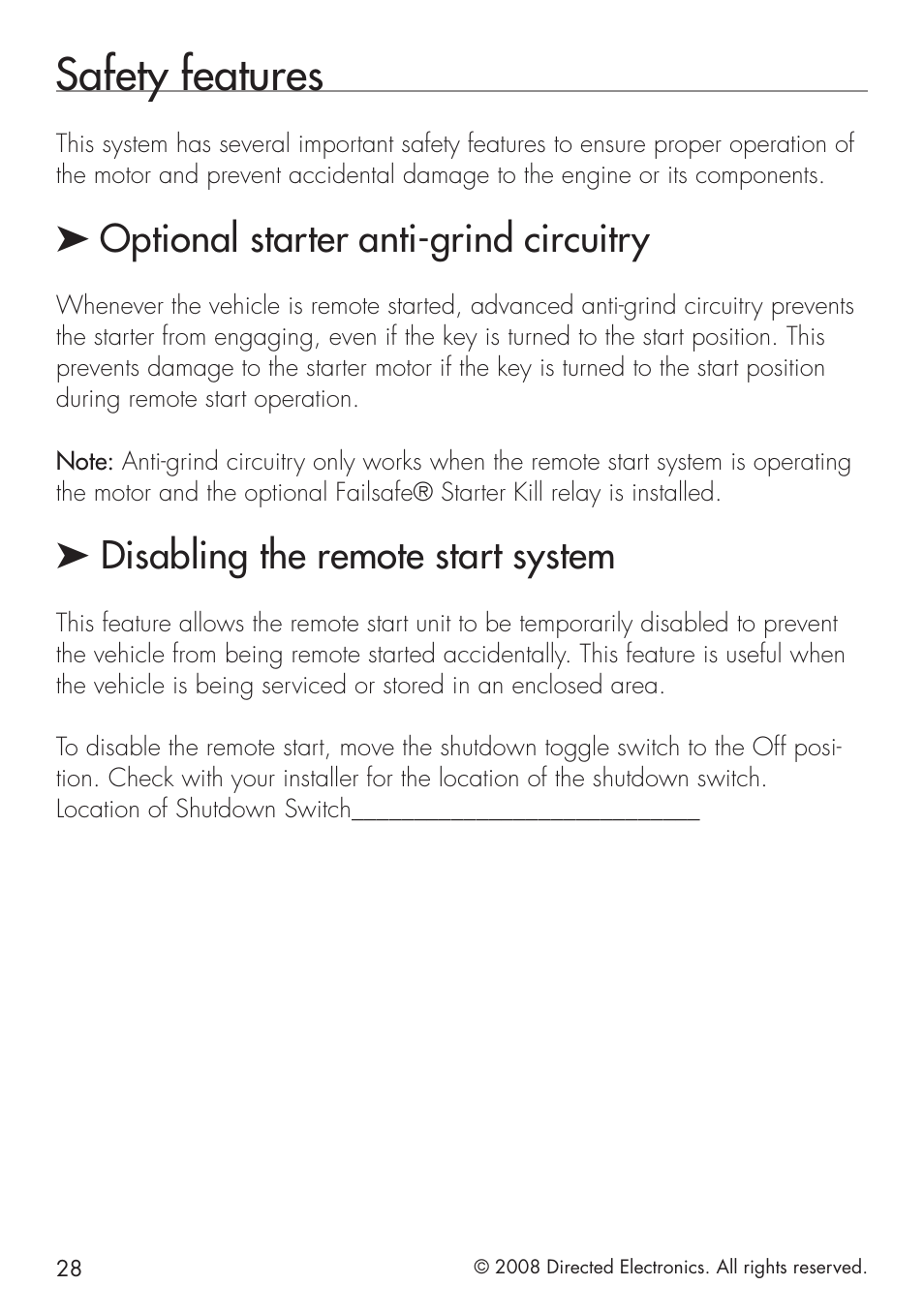 Safety features, Optional starter anti-grind circuitry, Disabling the remote start system | Viper 5101 User Manual | Page 28 / 40