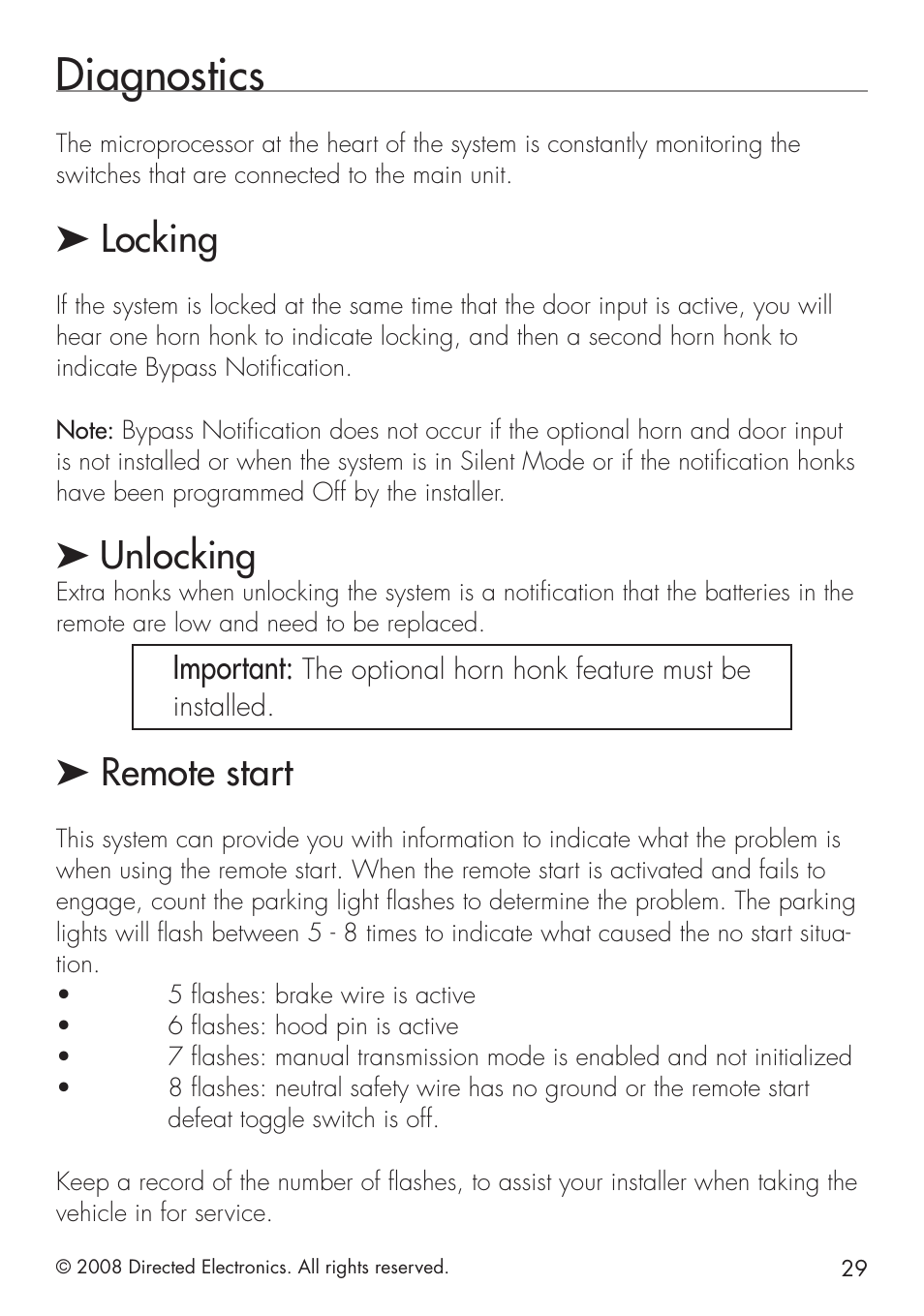 Diagnostics, Locking, Unlocking | Remote start, Important | Viper 5101 User Manual | Page 29 / 40