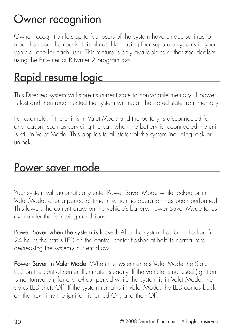 Owner recognition, Rapid resume logic, Power saver mode | Viper 5101 User Manual | Page 30 / 40