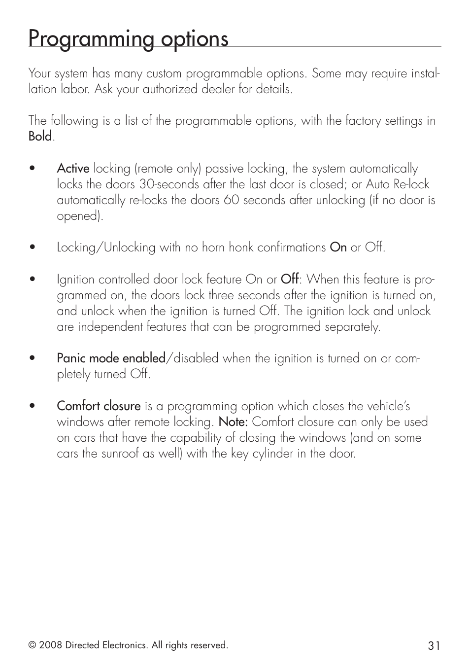 Programming options | Viper 5101 User Manual | Page 31 / 40