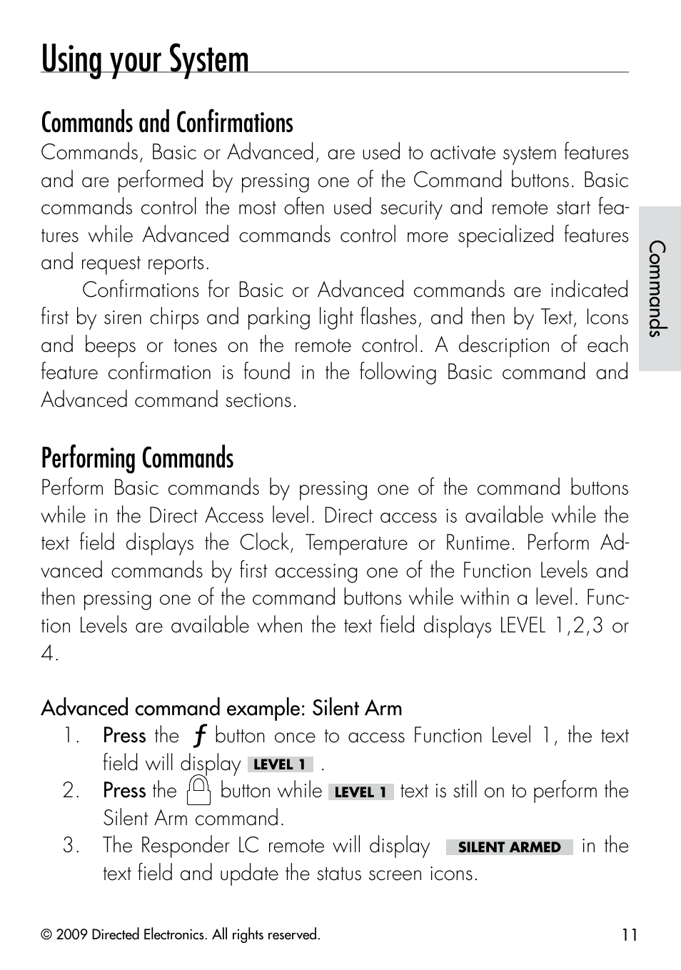 Using your system, Commands and conﬁrmations, Performing commands | Viper 5901 User Manual | Page 14 / 65