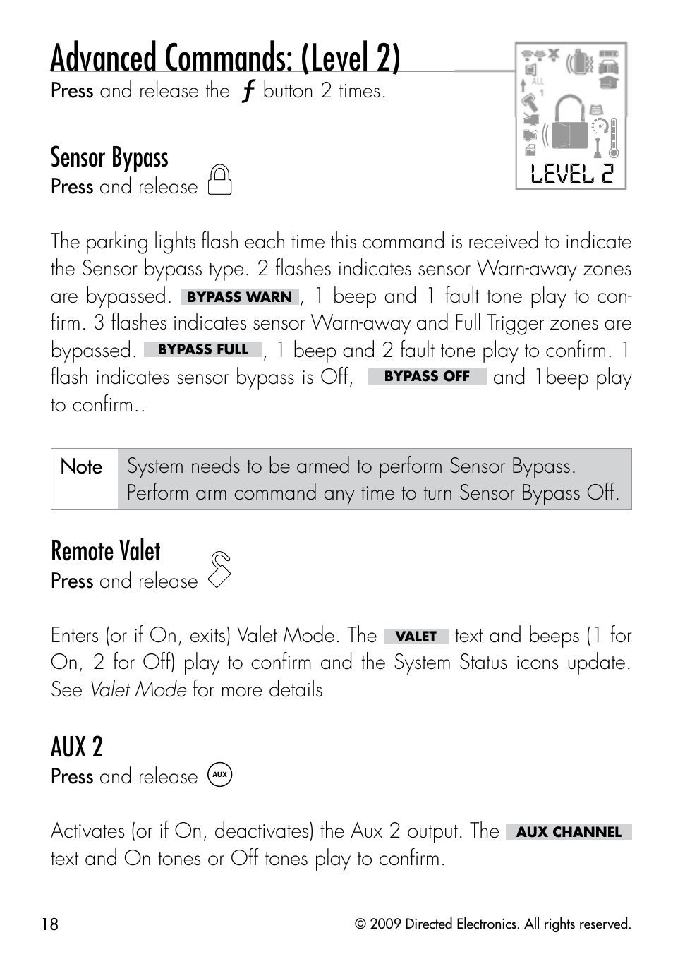 Advanced commands: (level 2), Level 2, Sensor bypass | Remote valet, Aux 2 | Viper 5901 User Manual | Page 21 / 65
