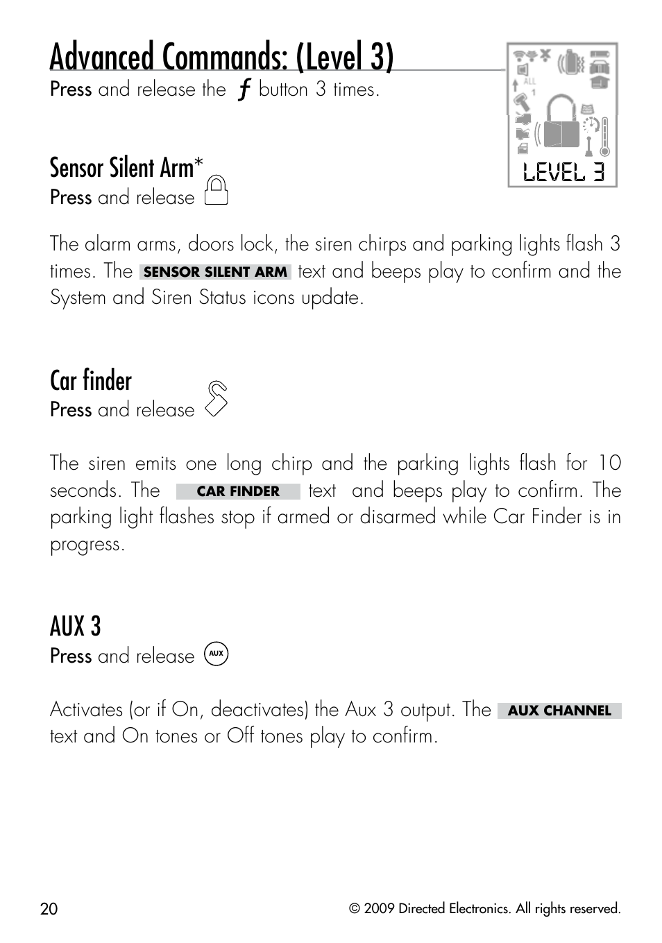 Advanced commands: (level 3), Level 3, Sensor silent arm | Car ﬁnder, Aux 3 | Viper 5901 User Manual | Page 23 / 65