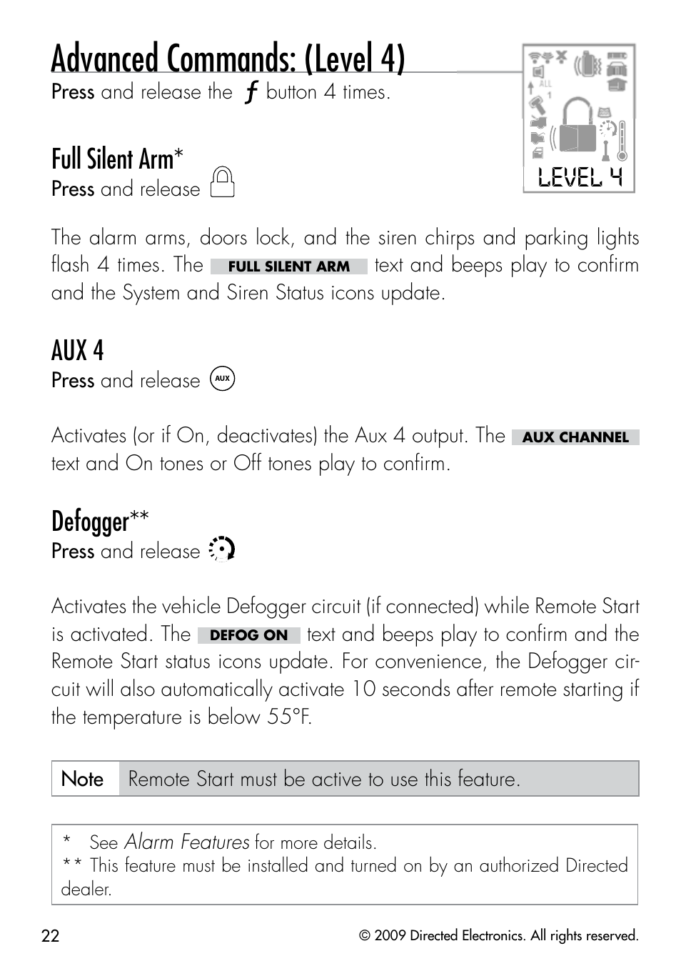 Advanced commands: (level 4), Level 4, Full silent arm | Aux 4, Defogger | Viper 5901 User Manual | Page 25 / 65