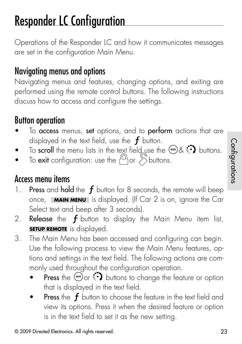 Responder lc conﬁguration, Navigating menus and options, Button operation | Access menu items | Viper 5901 User Manual | Page 26 / 65