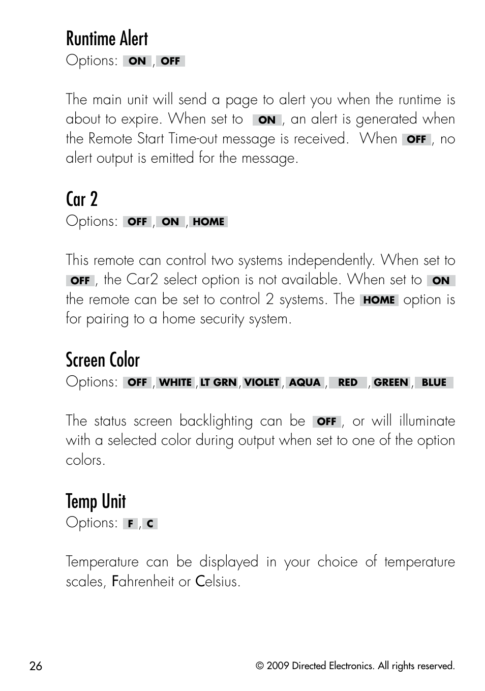 Runtime alert, Car 2, Screen color | Temp unit | Viper 5901 User Manual | Page 29 / 65
