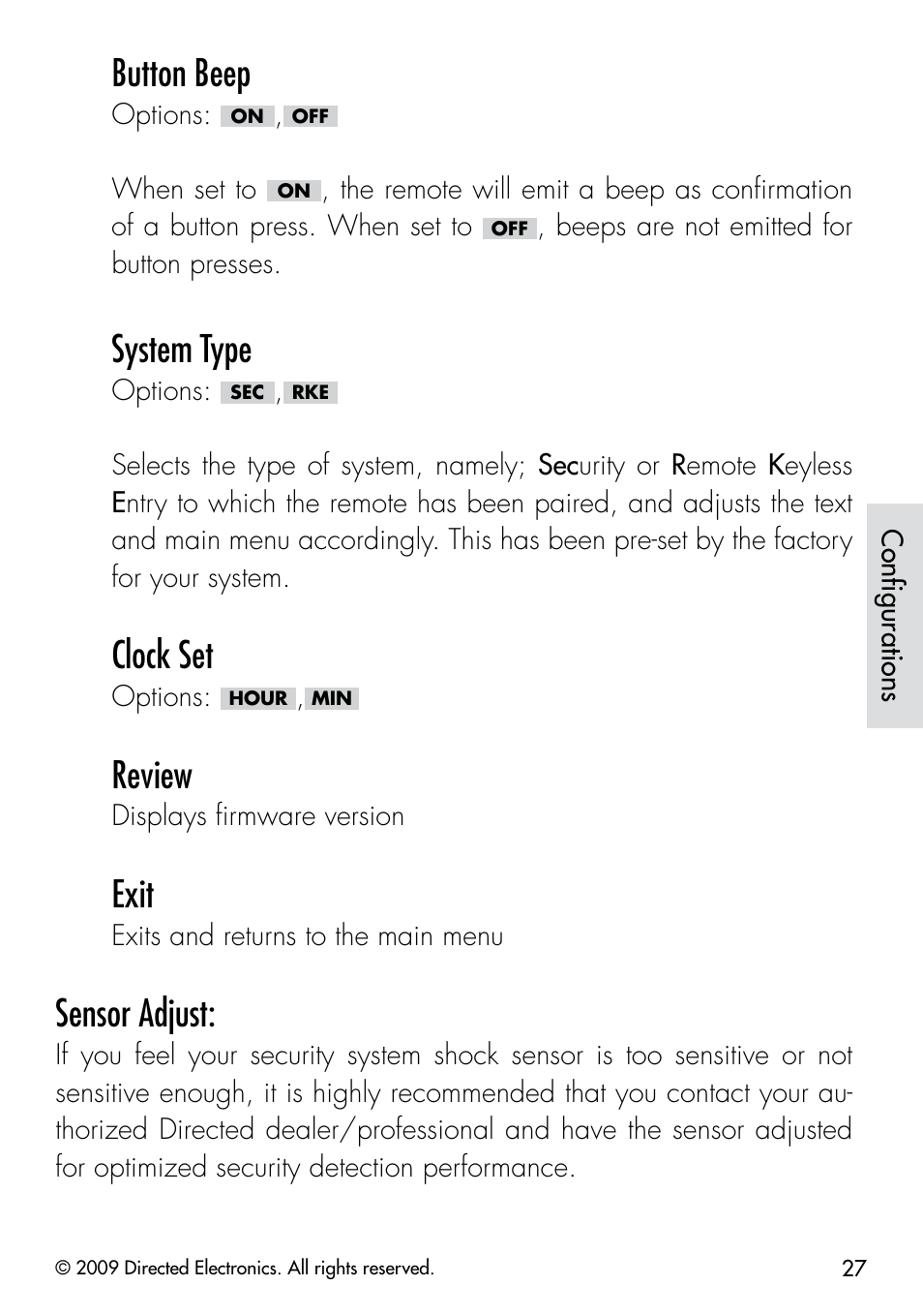 Button beep, System type, Clock set | Review, Exit, Sensor adjust | Viper 5901 User Manual | Page 30 / 65