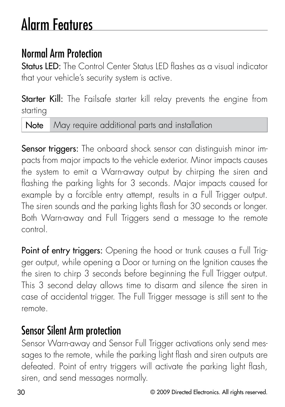 Alarm features, Normal arm protection, Sensor silent arm protection | Viper 5901 User Manual | Page 33 / 65