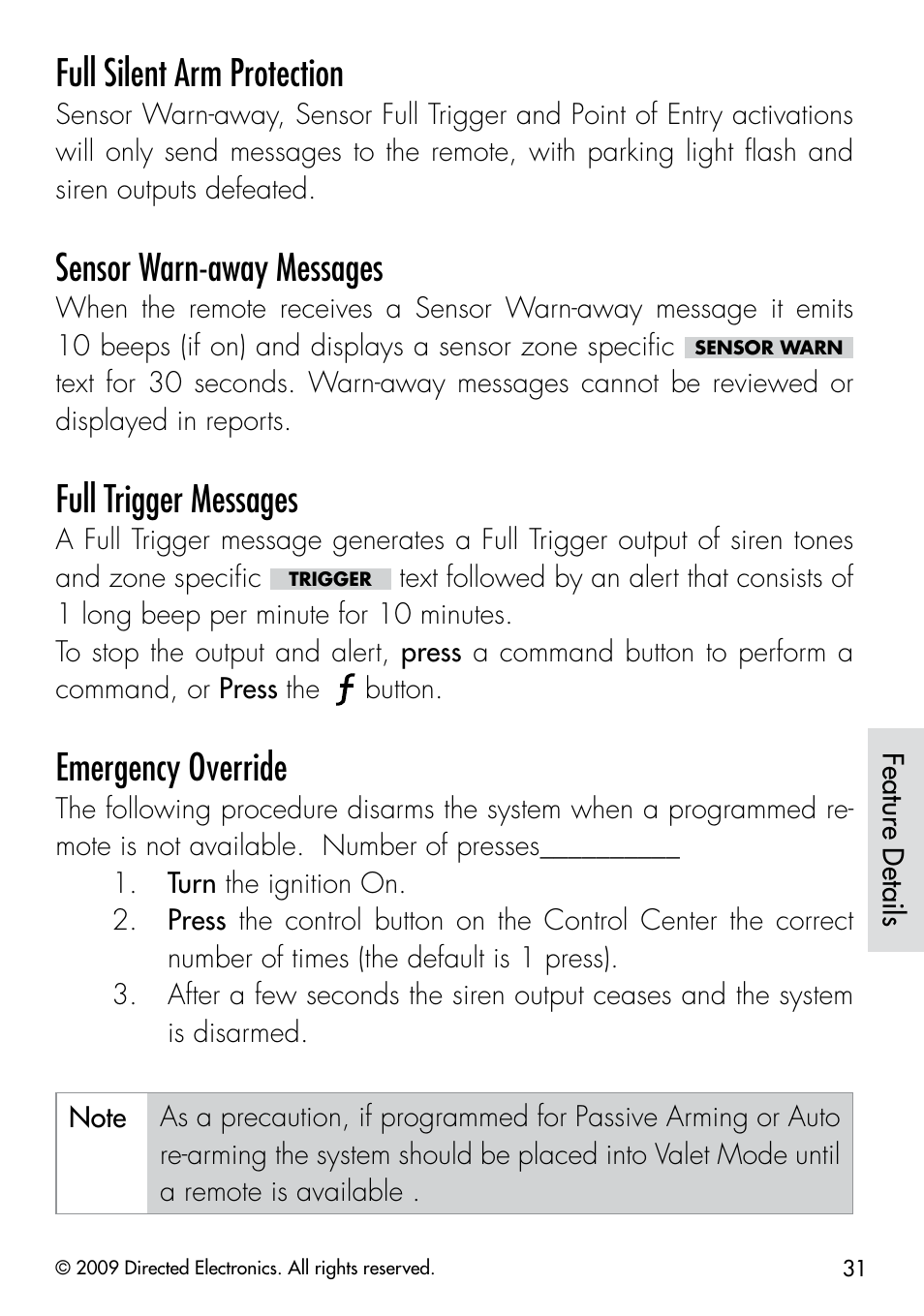 Full silent arm protection, Sensor warn-away messages, Full trigger messages | Emergency override | Viper 5901 User Manual | Page 34 / 65