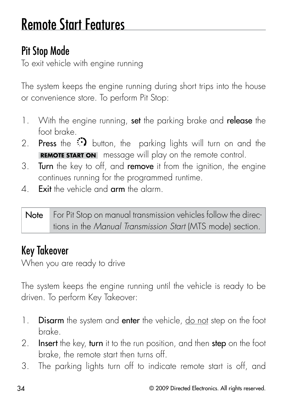 Remote start features, Pit stop mode, Key takeover | Viper 5901 User Manual | Page 37 / 65