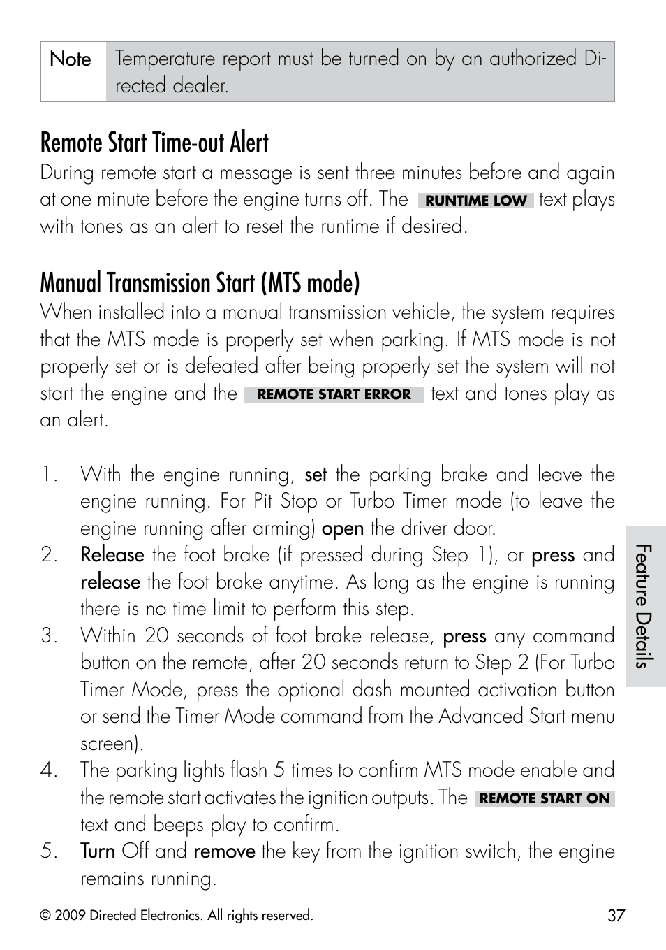 Remote start time-out alert, Manual transmission start (mts mode) | Viper 5901 User Manual | Page 40 / 65