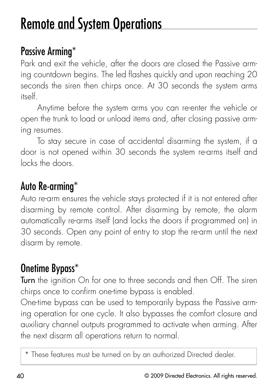 Remote and system operations, Passive arming, Auto re-arming | Onetime bypass | Viper 5901 User Manual | Page 43 / 65