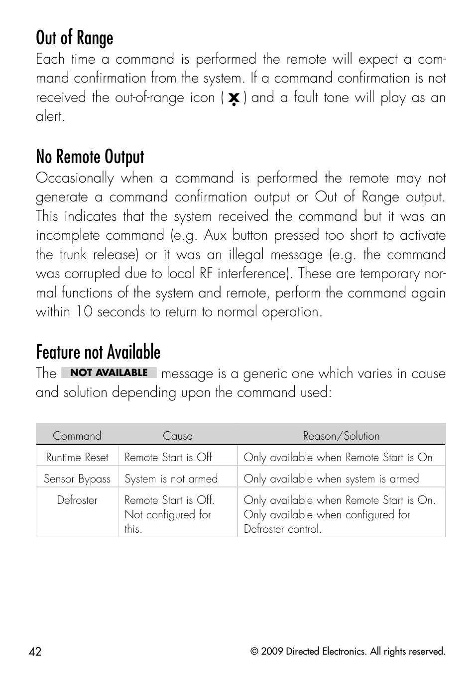Out of range, No remote output, Feature not available | Viper 5901 User Manual | Page 45 / 65
