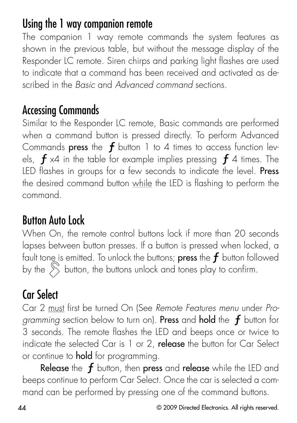 Using the 1 way companion remote, Accessing commands, Button auto lock | Car select | Viper 5901 User Manual | Page 47 / 65