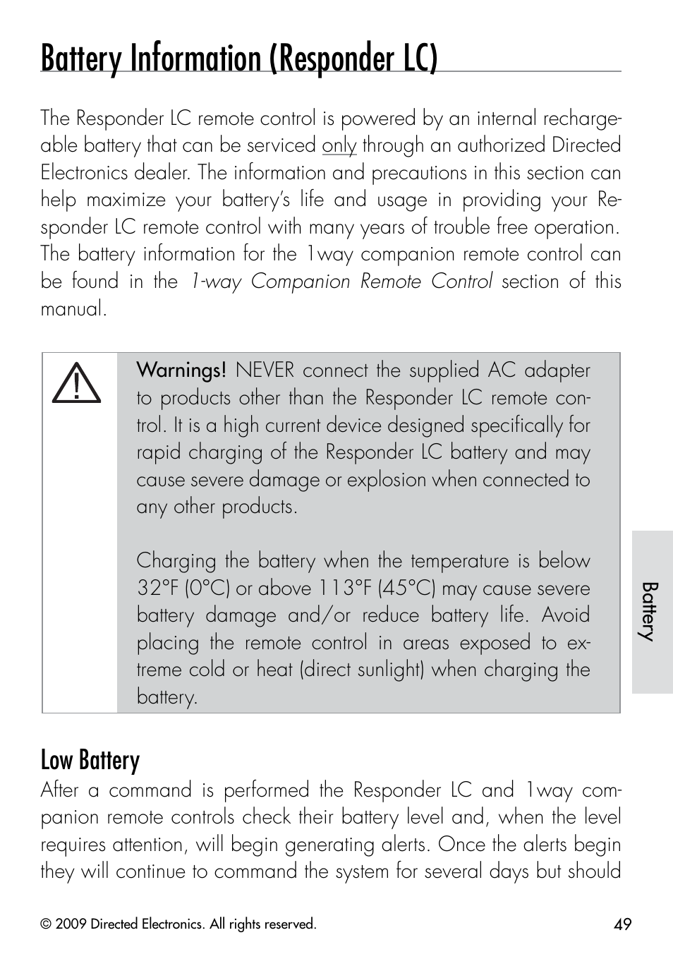 Battery information (responder lc), Low battery | Viper 5901 User Manual | Page 52 / 65