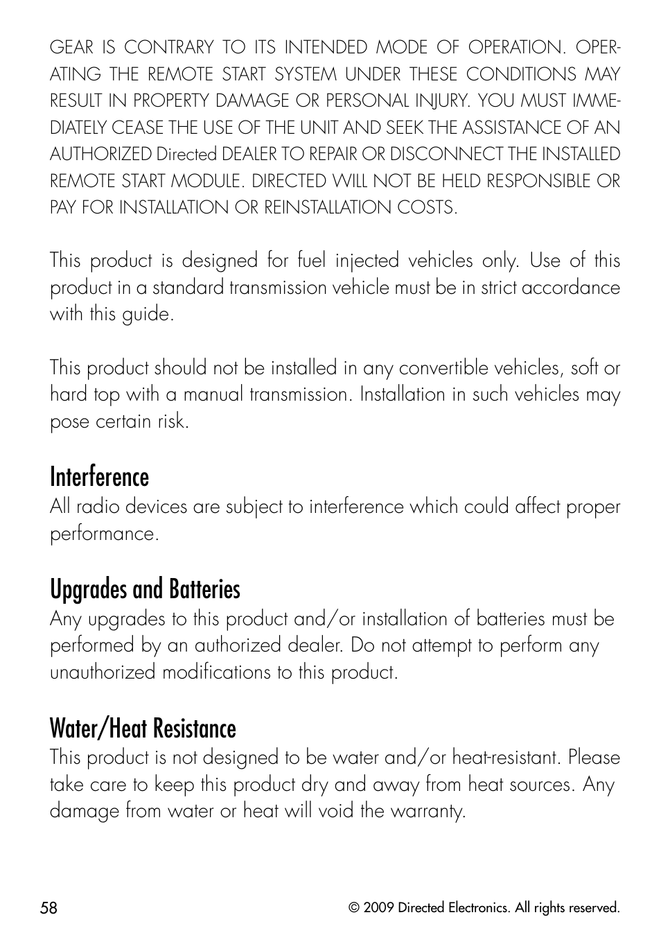 Interference, Upgrades and batteries, Water/heat resistance | Viper 5901 User Manual | Page 61 / 65