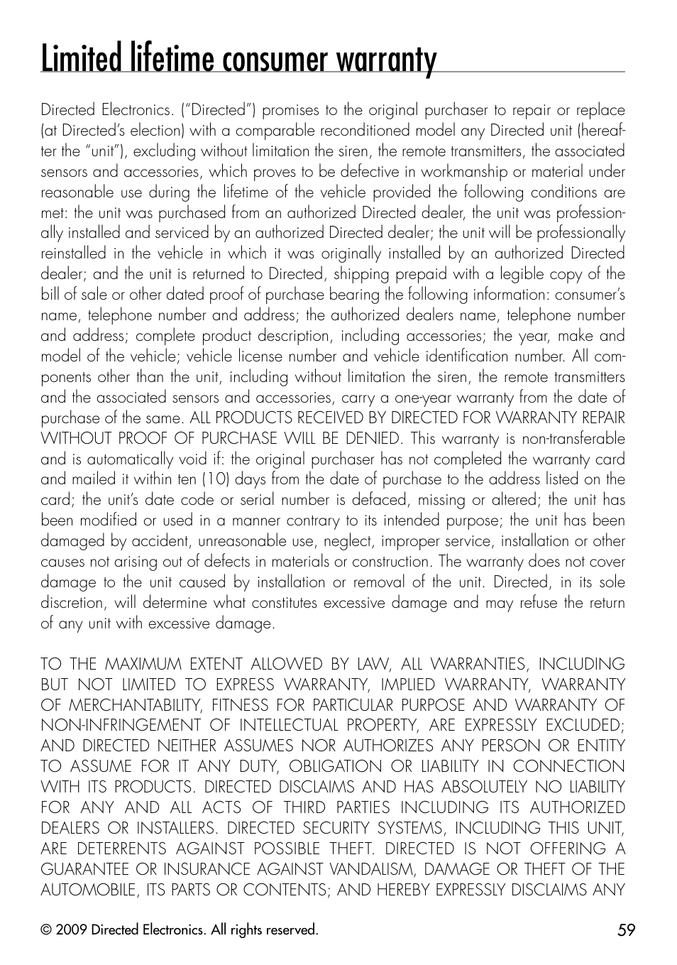Limited lifetime consumer warranty | Viper 5901 User Manual | Page 62 / 65