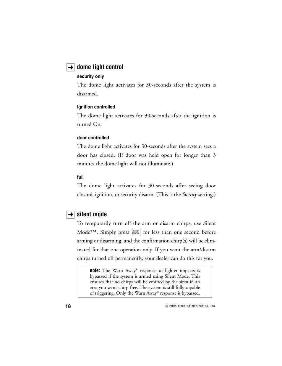 Dome light control, Silent mode | Viper 1000 Model User Manual | Page 17 / 45