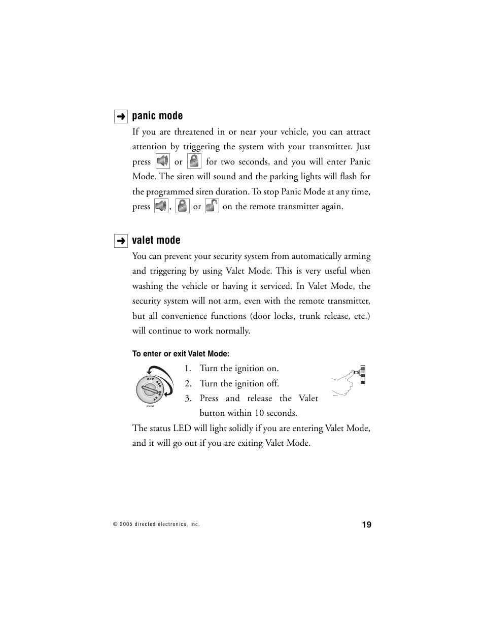 Panic mode, Valet mode | Viper 1000 Model User Manual | Page 18 / 45