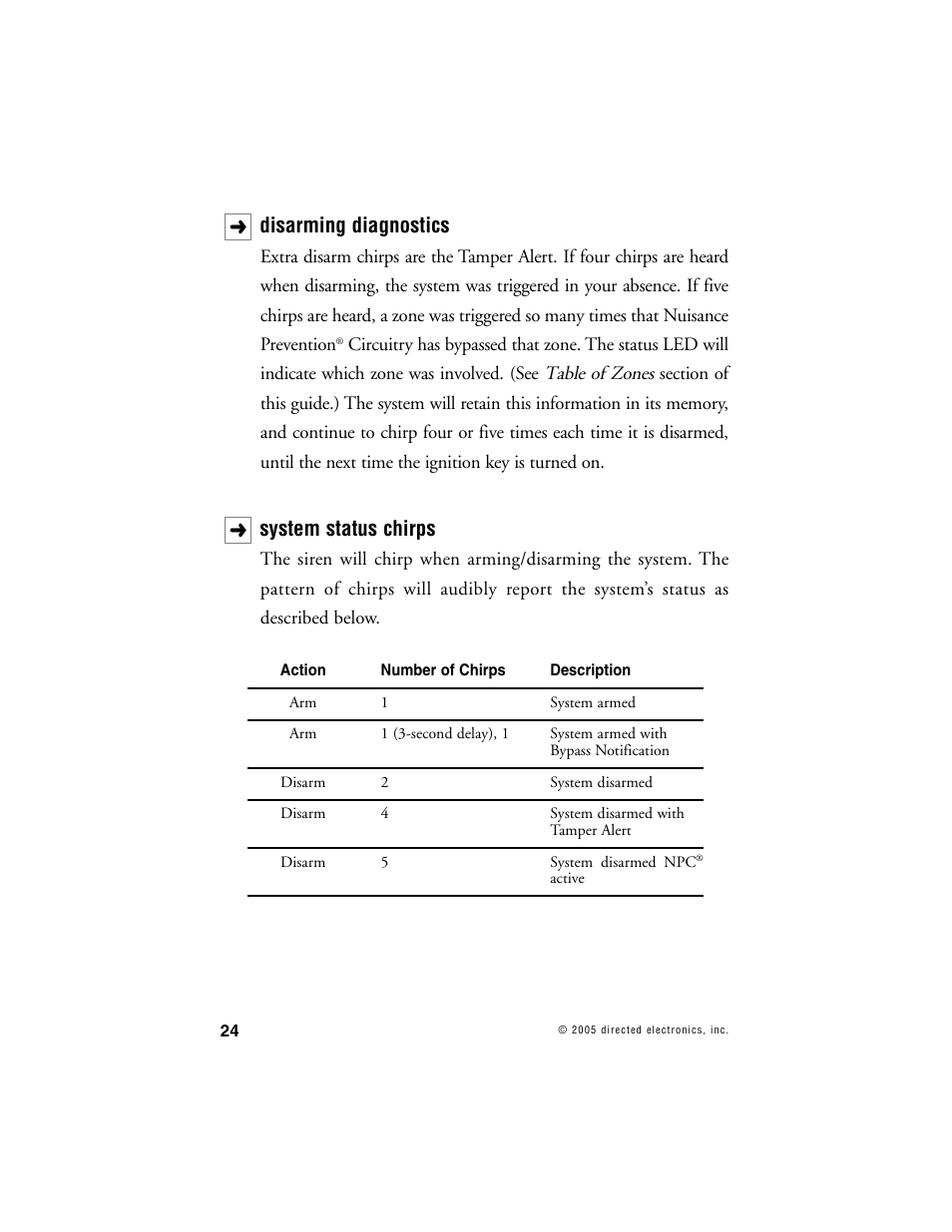 Disarming diagnostics, System status chirps | Viper 1000 Model User Manual | Page 23 / 45
