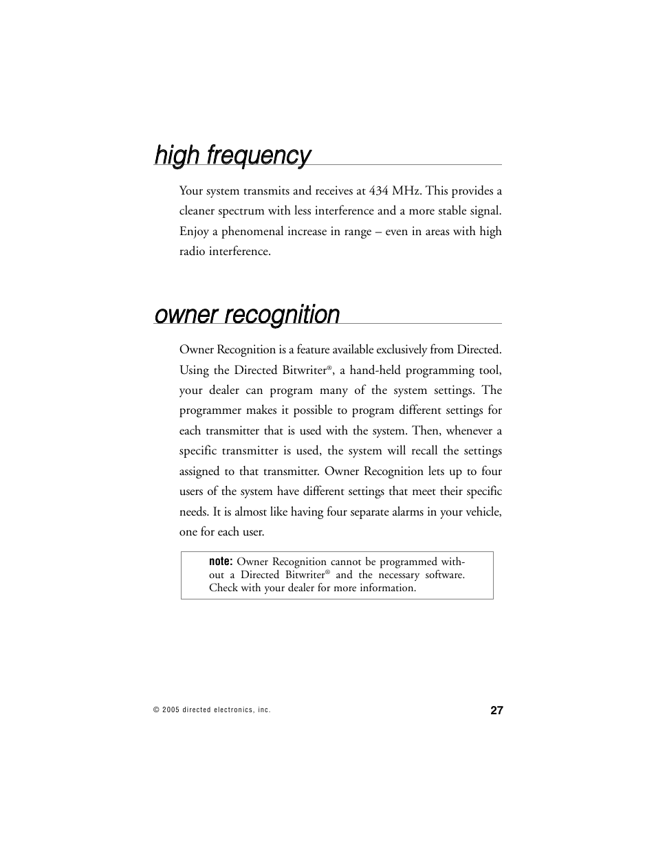 Hhiig gh h ffrre eq qu ue en nc cyy, Oow wn ne err rre ec co og gn niittiio on n | Viper 1000 Model User Manual | Page 26 / 45