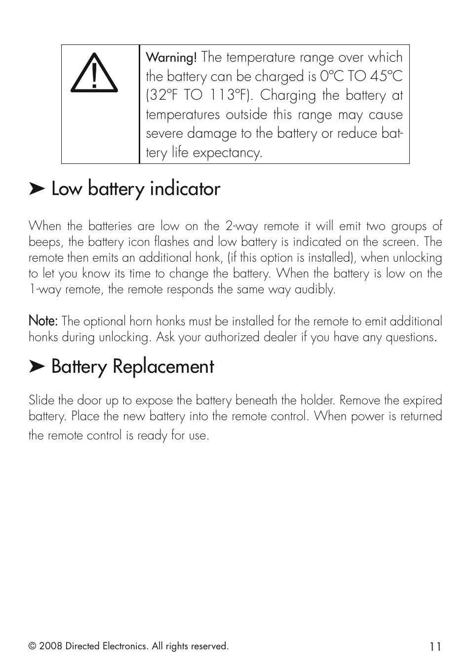 Low battery indicator, Battery replacement | Viper 5501 User Manual | Page 11 / 48