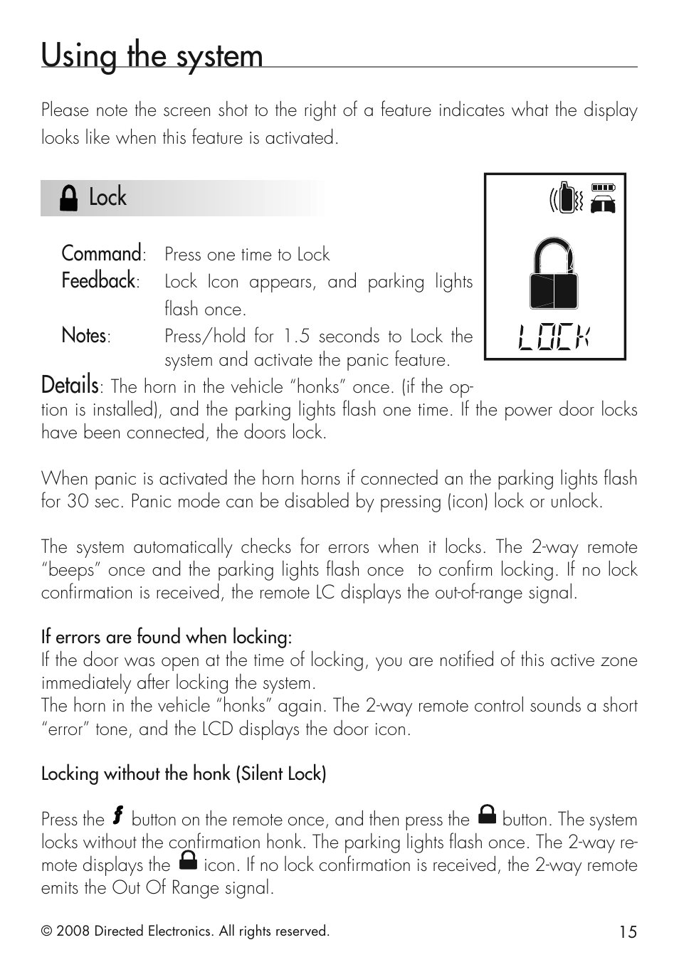 Using the system, Lock, Details | Viper 5501 User Manual | Page 15 / 48