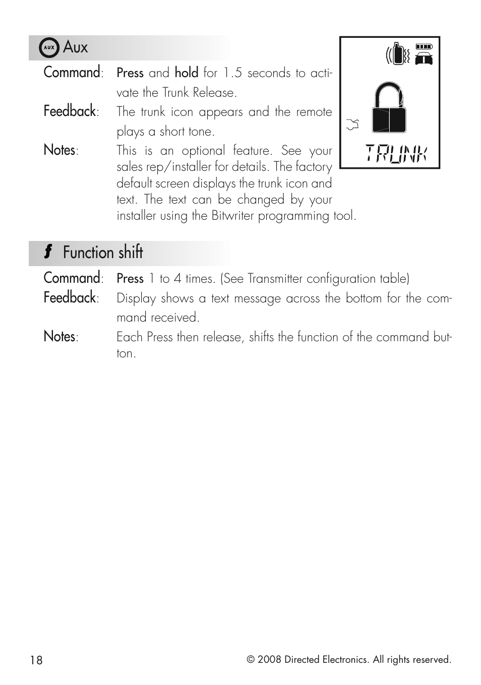 Function shift, Command, Feedback | Viper 5501 User Manual | Page 18 / 48