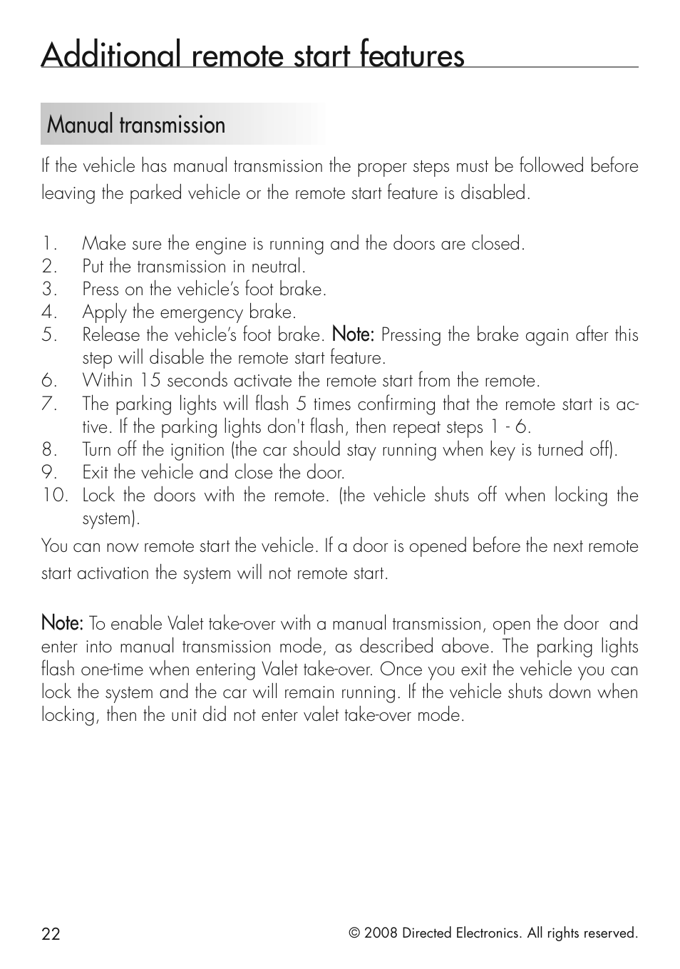 Additional remote start features, Manual transmission | Viper 5501 User Manual | Page 22 / 48