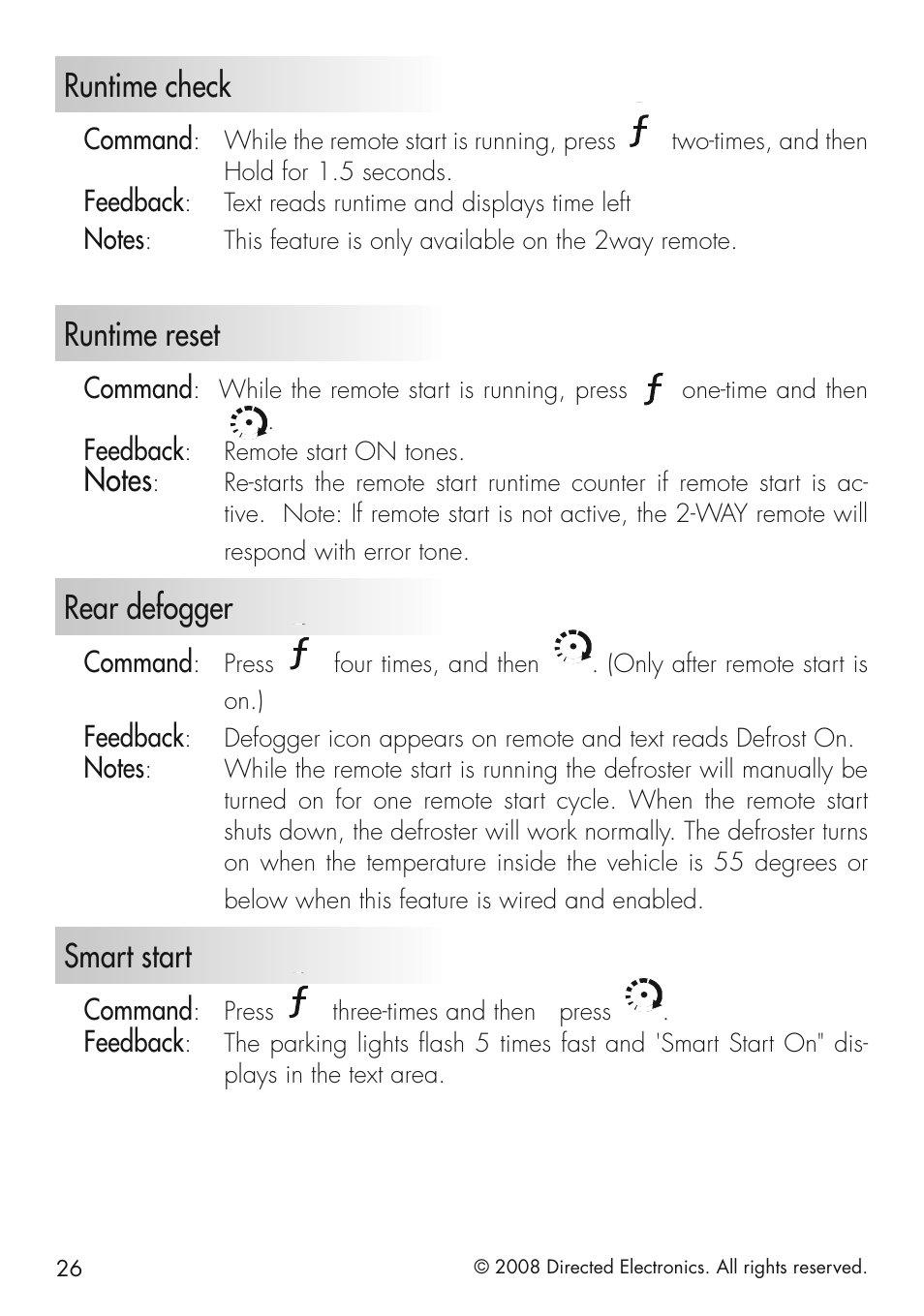 Runtime check, Runtime reset, Rear defogger | Smart start | Viper 5501 User Manual | Page 26 / 48