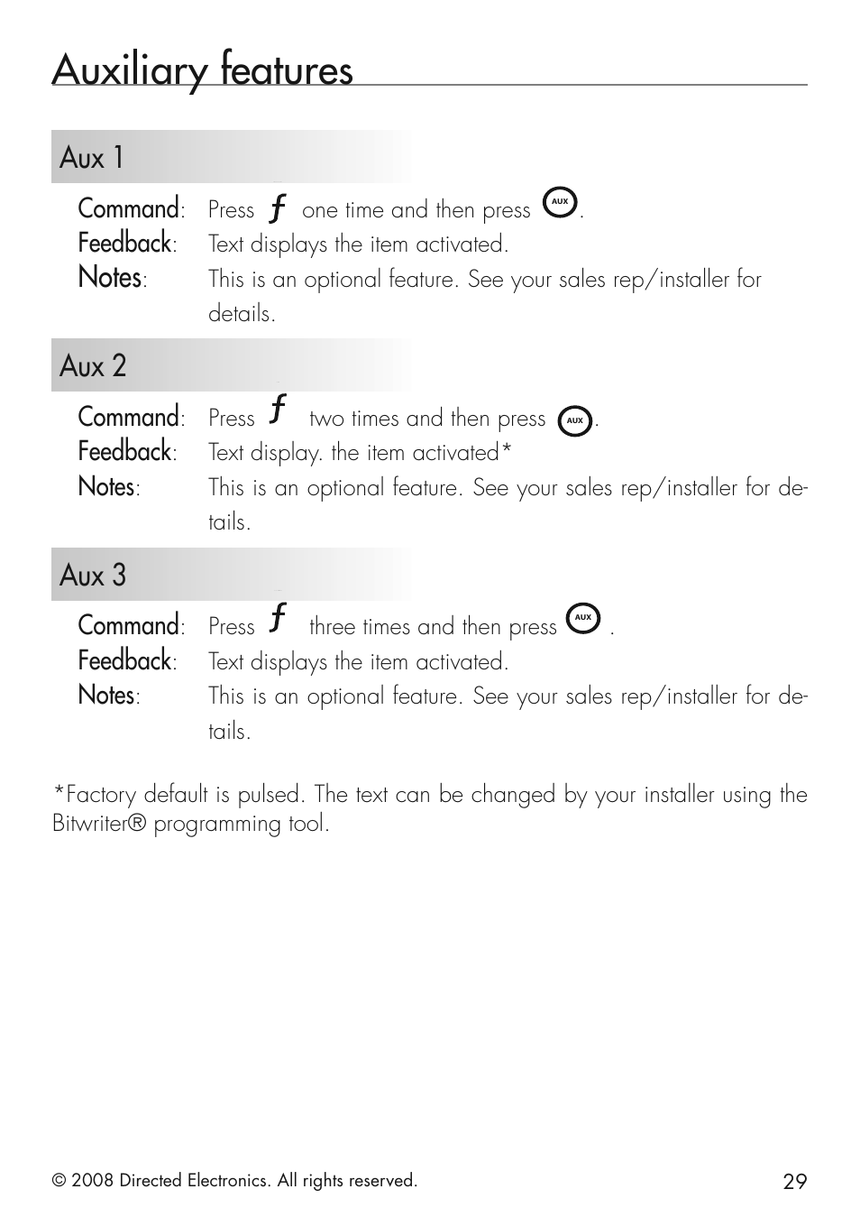 Auxiliary features, Aux 1, Aux 2 | Aux 3 | Viper 5501 User Manual | Page 29 / 48