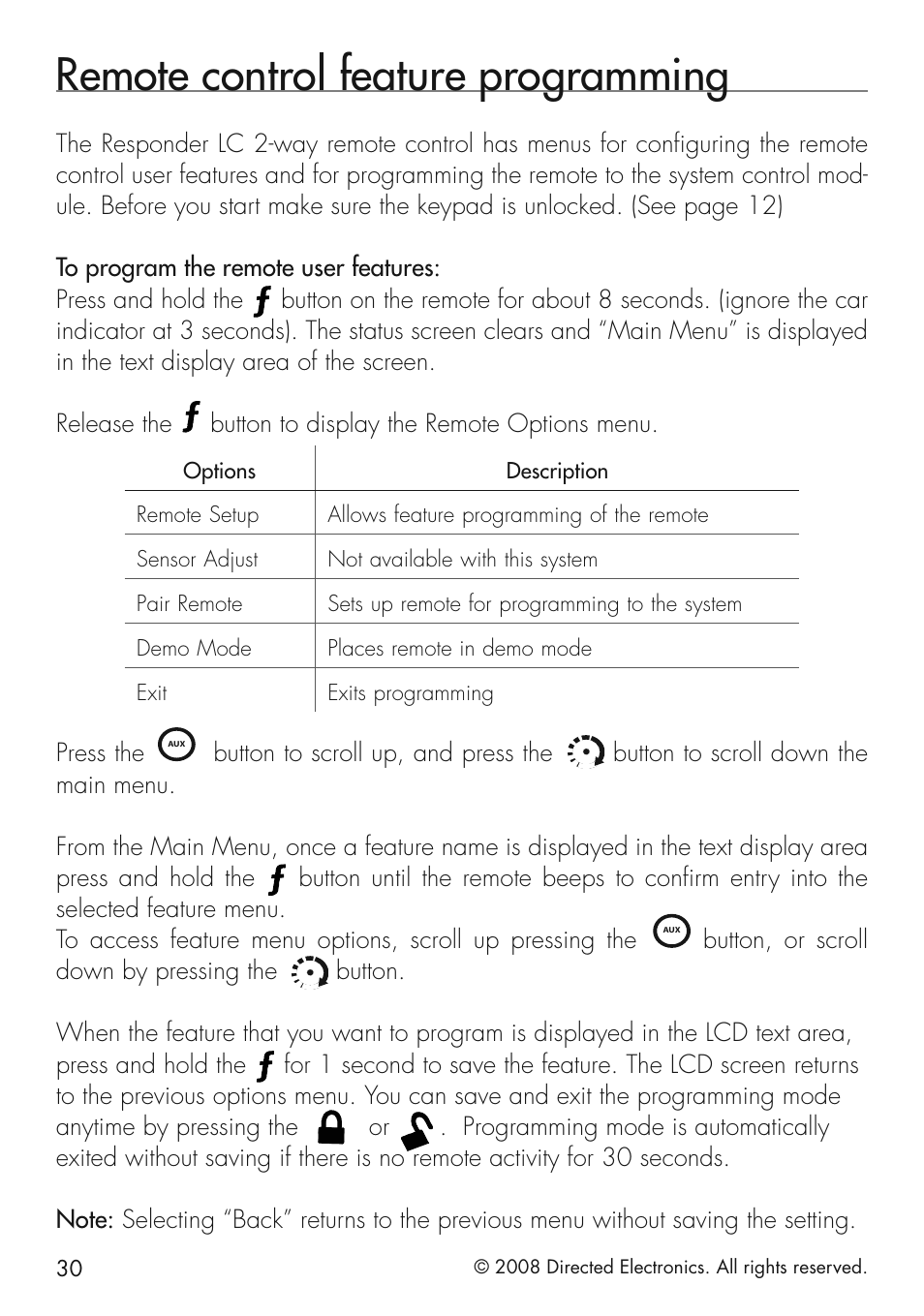 Remote control feature programming | Viper 5501 User Manual | Page 30 / 48