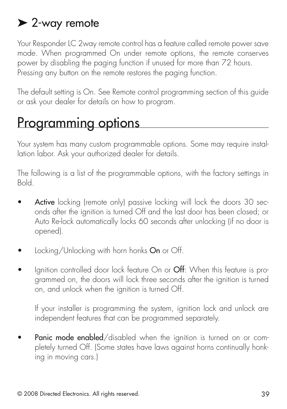 Programming options, Way remote | Viper 5501 User Manual | Page 39 / 48