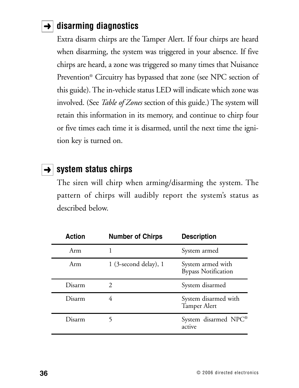 Disarming diagnostics, System status chirps | Viper 5002 User Manual | Page 41 / 61