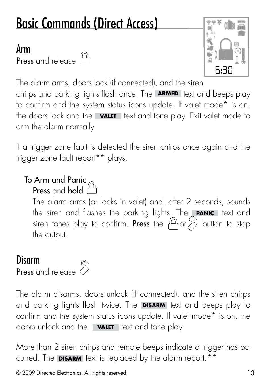 Basic commands (direct access), Disarm | Viper 3303 User Manual | Page 16 / 53