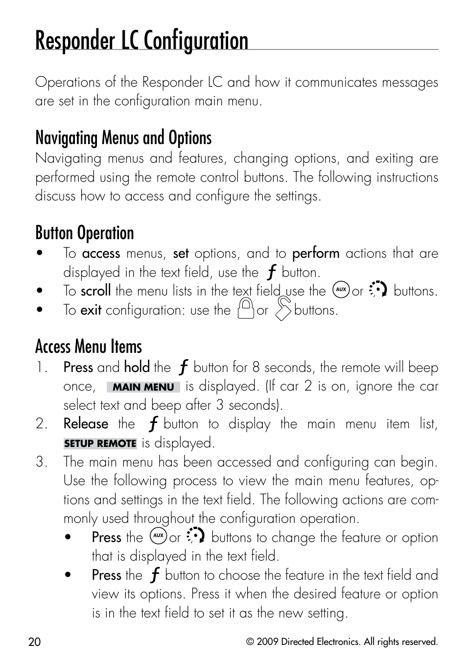 Responder lc conﬁguration, Navigating menus and options, Button operation | Access menu items | Viper 3303 User Manual | Page 23 / 53