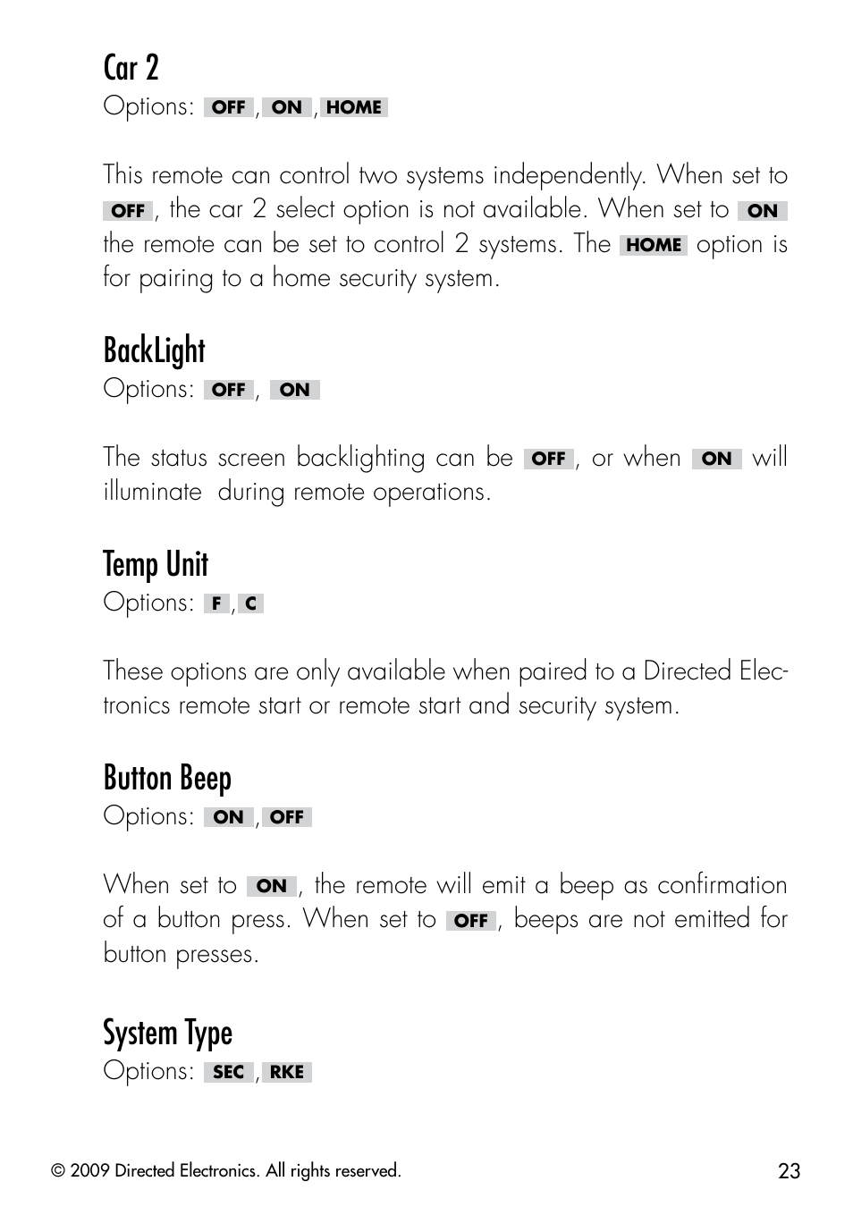 Car 2, Backlight, Temp unit | Button beep, System type | Viper 3303 User Manual | Page 26 / 53