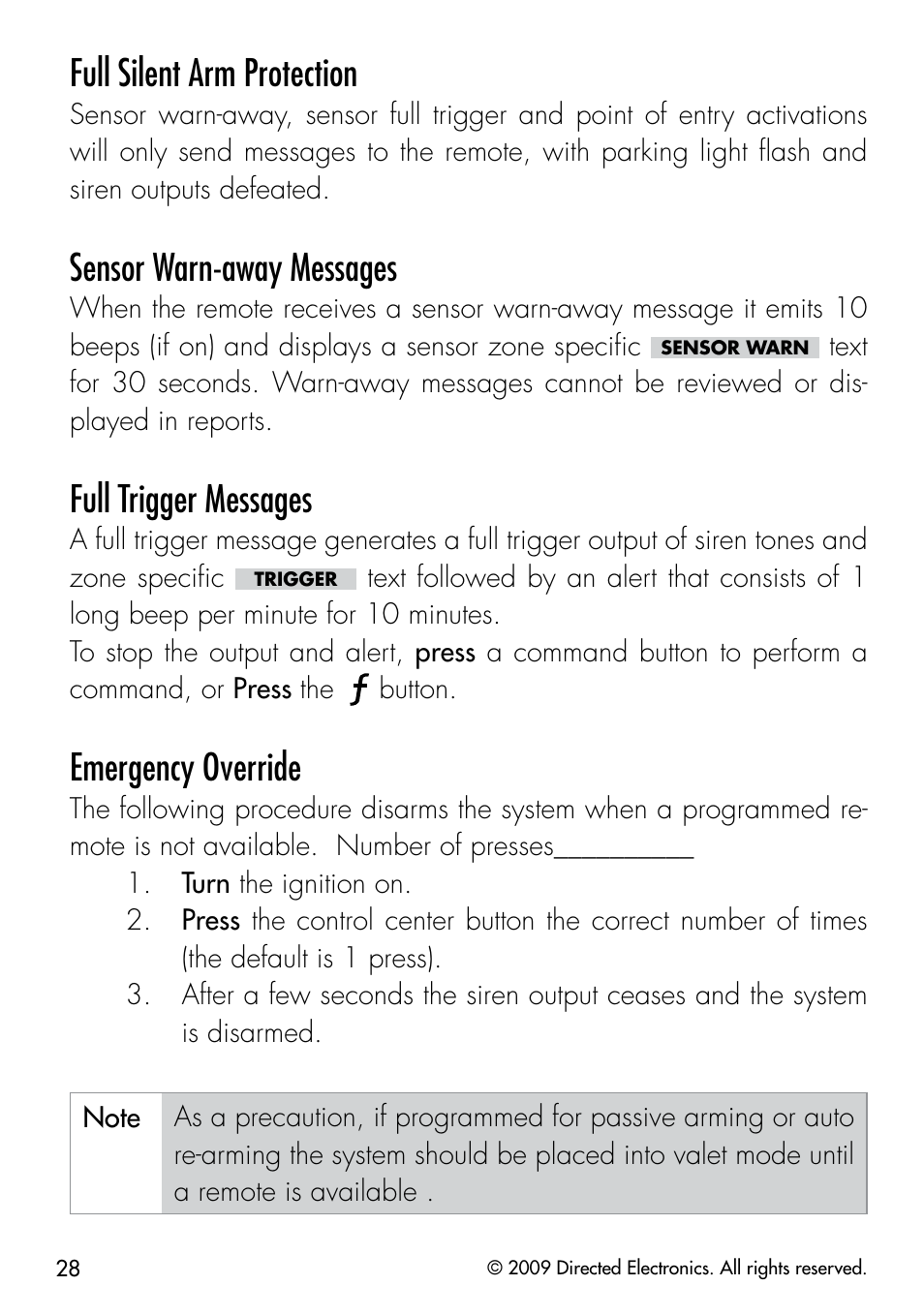 Full silent arm protection, Sensor warn-away messages, Full trigger messages | Emergency override | Viper 3303 User Manual | Page 31 / 53