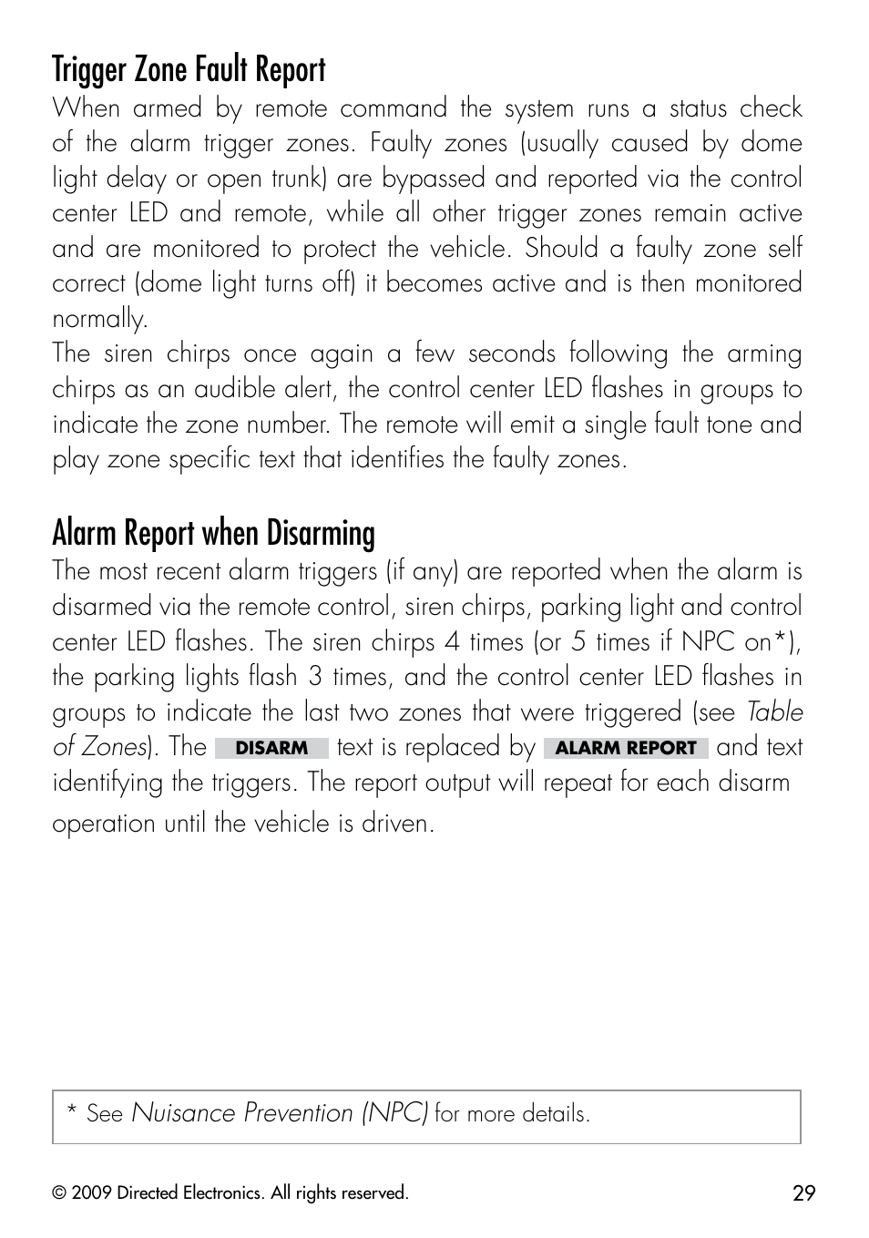 Trigger zone fault report, Alarm report when disarming | Viper 3303 User Manual | Page 32 / 53