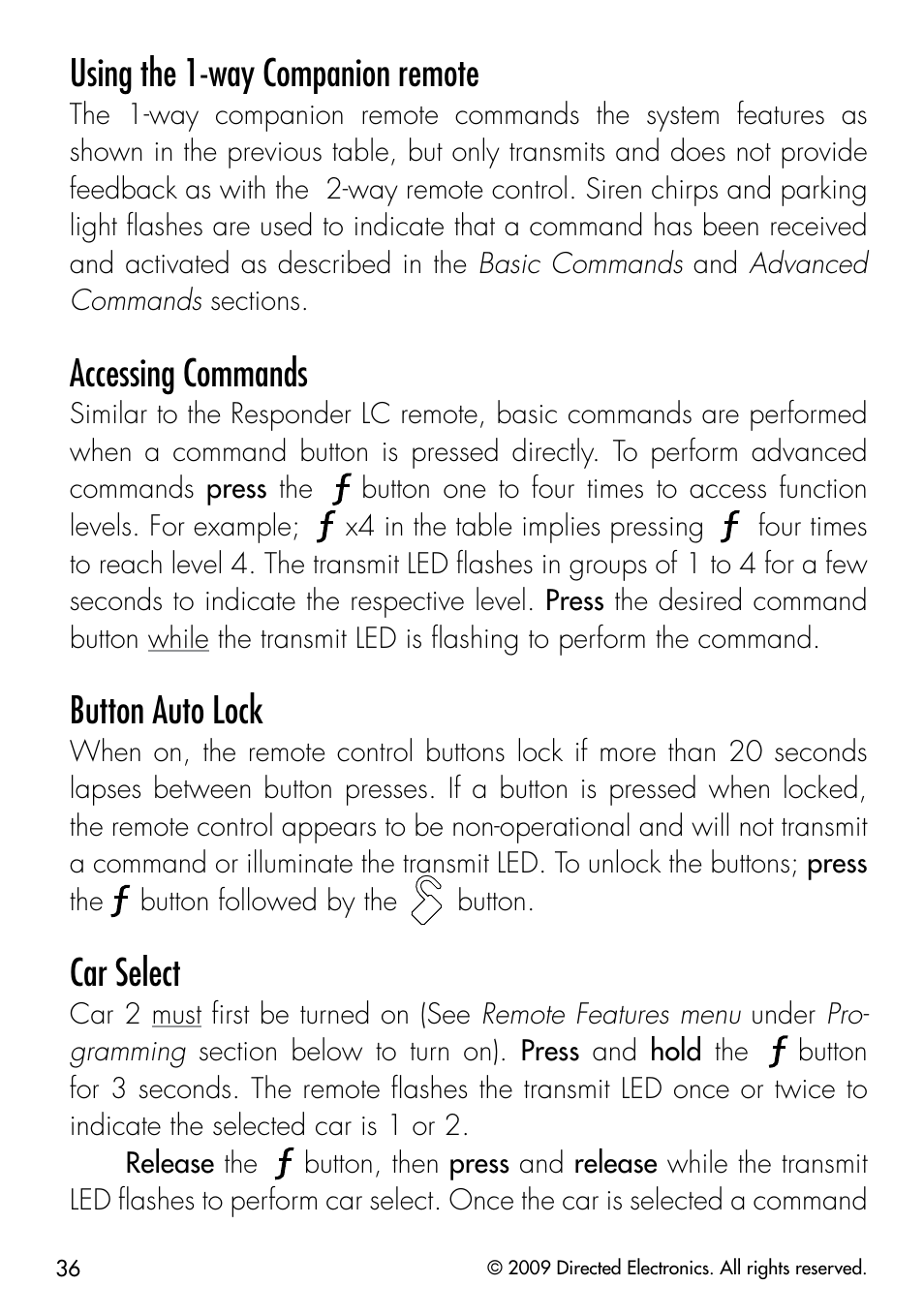 Using the 1-way companion remote, Accessing commands, Button auto lock | Car select | Viper 3303 User Manual | Page 39 / 53