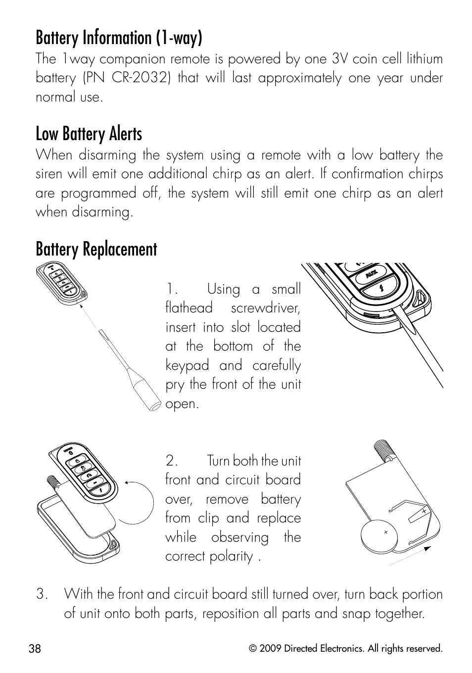 Battery information (1-way), Low battery alerts, Battery replacement | Viper 3303 User Manual | Page 41 / 53