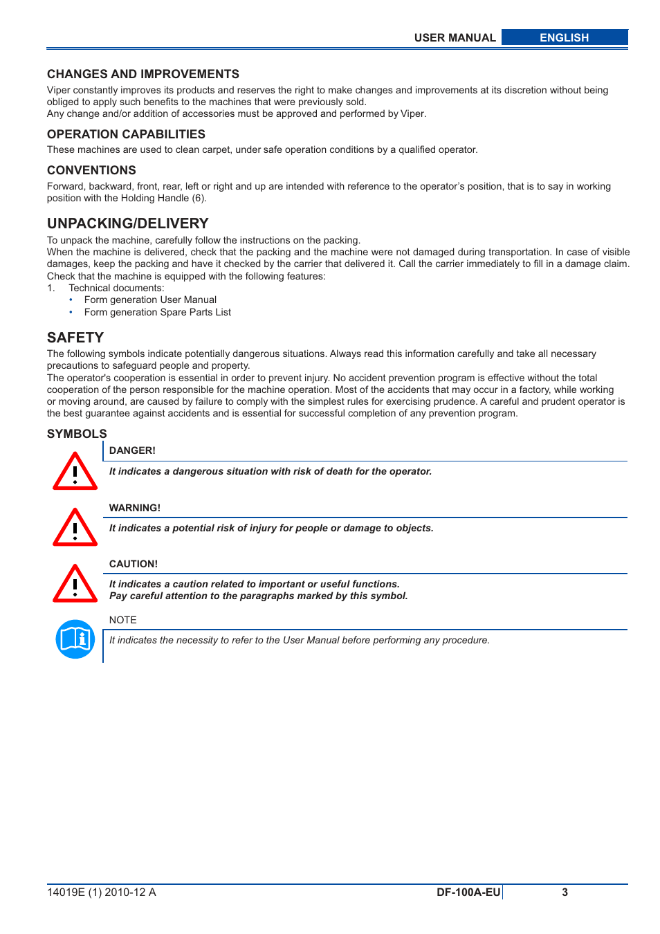 Unpacking/delivery, Safety | Viper DF-100A-EU User Manual | Page 4 / 11
