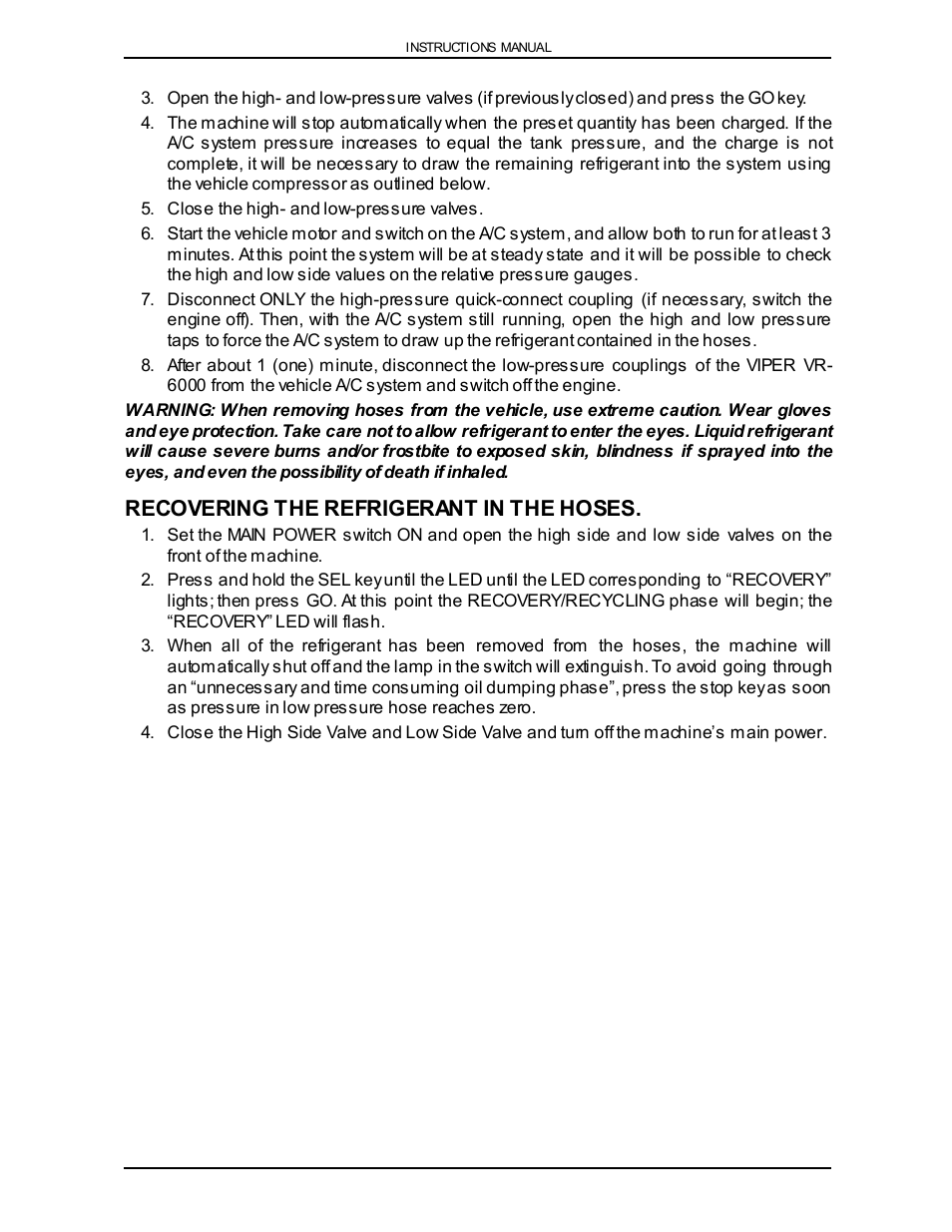 Recovering the refrigerant in the hoses | Viper VR-6000 User Manual | Page 19 / 76