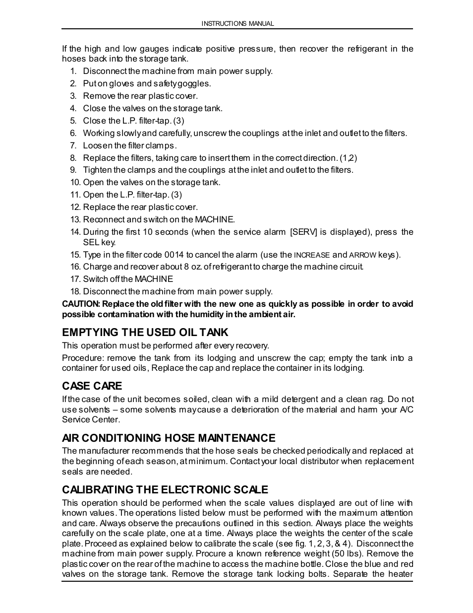 Emptying the used oil tank, Case care, Air conditioning hose maintenance | Calibrating the electronic scale | Viper VR-6000 User Manual | Page 21 / 76