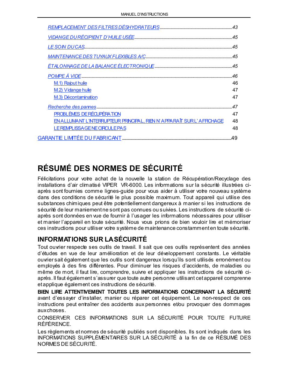 Résumé des normes de sécurité, Informations sur lasécurité | Viper VR-6000 User Manual | Page 27 / 76
